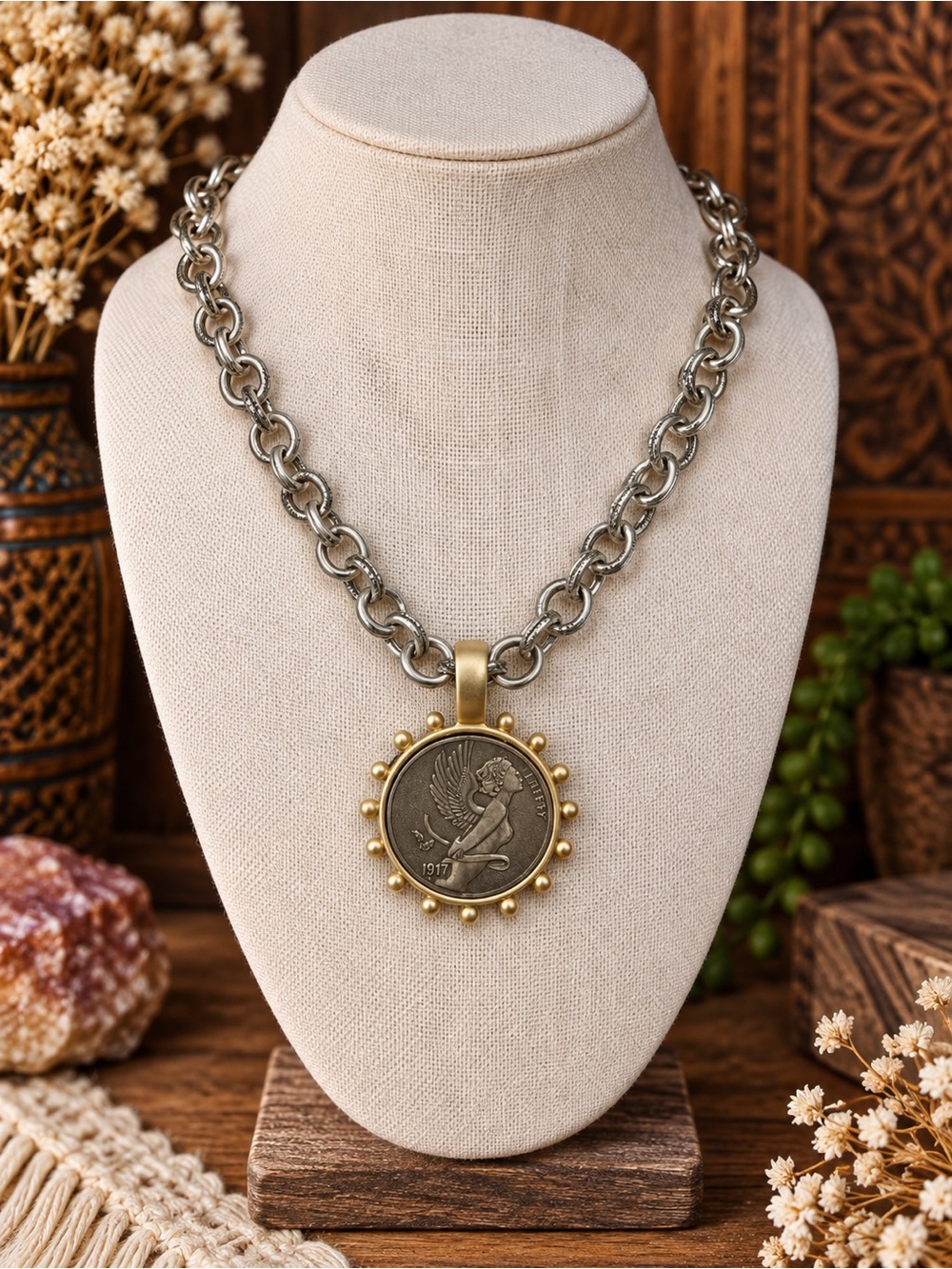 Antique Silver Chain with Fairy Coin in Matte Gold Setting